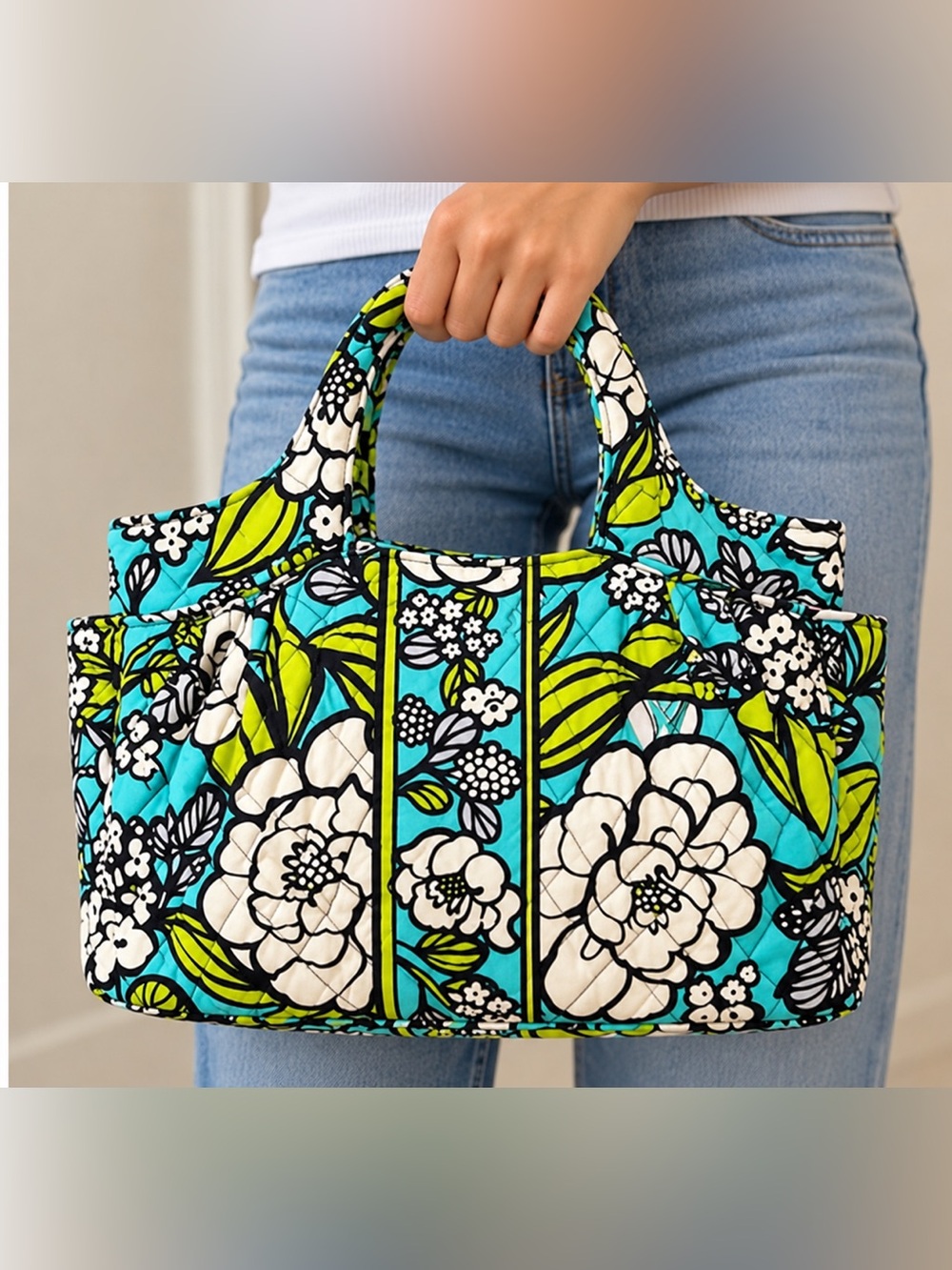 Vera Bradley Island Blooms Quilted Floral Tote Bag Turquoise Lime